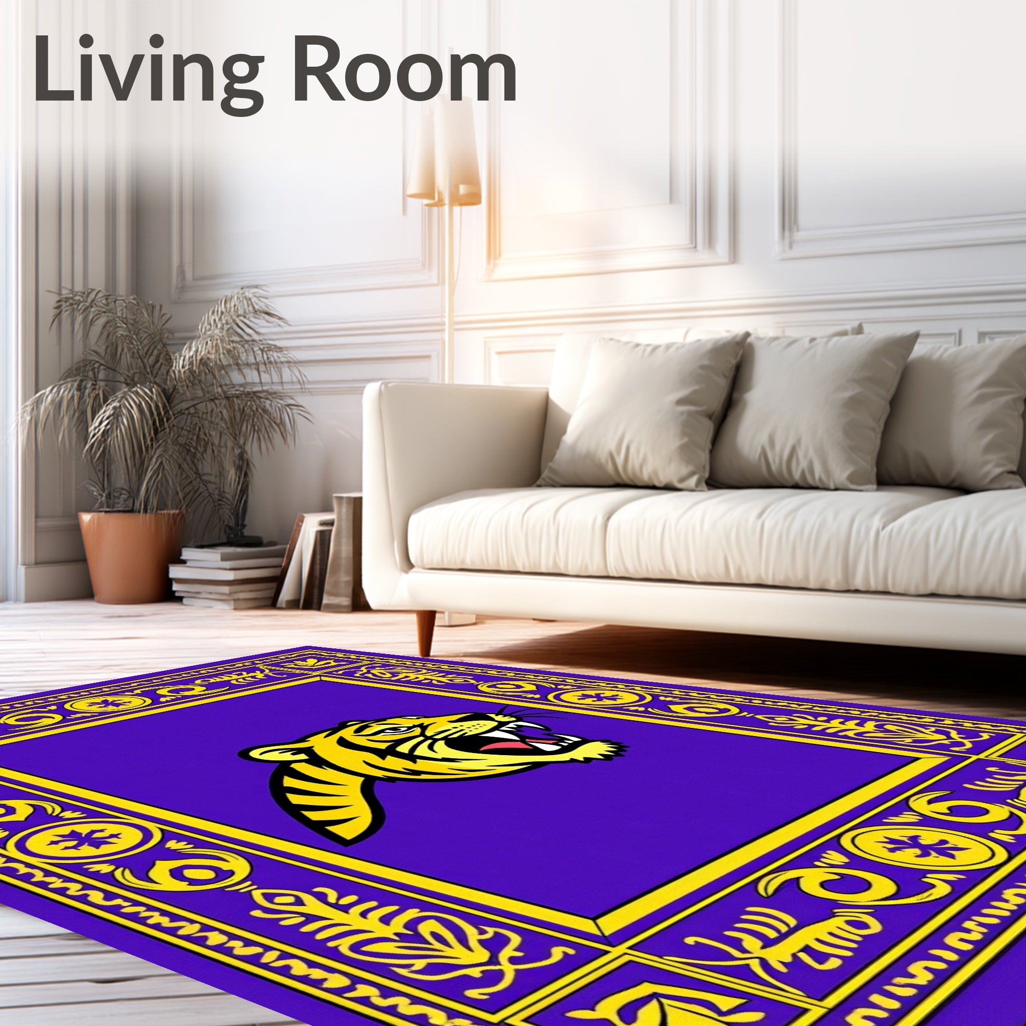 Bold Tiger Head Purple Yellow Border Rug