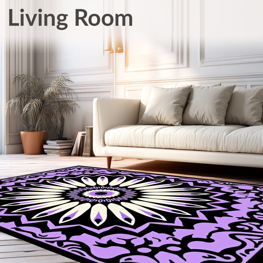 Lilac Cream Black Floral Medallion Rug