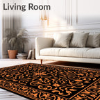 Orange Floral Scroll Black Medallion Rug