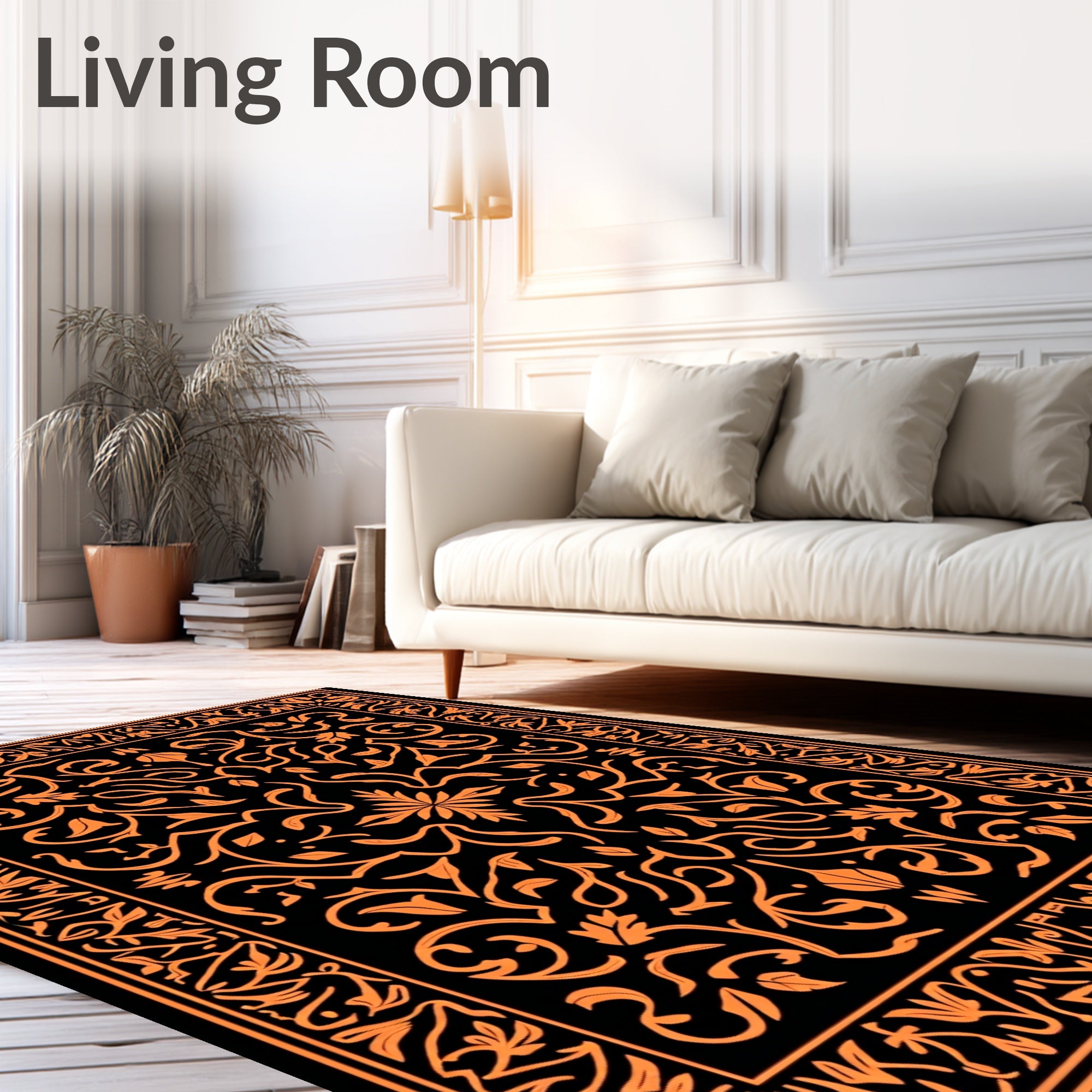 Orange Floral Scroll Black Medallion Rug