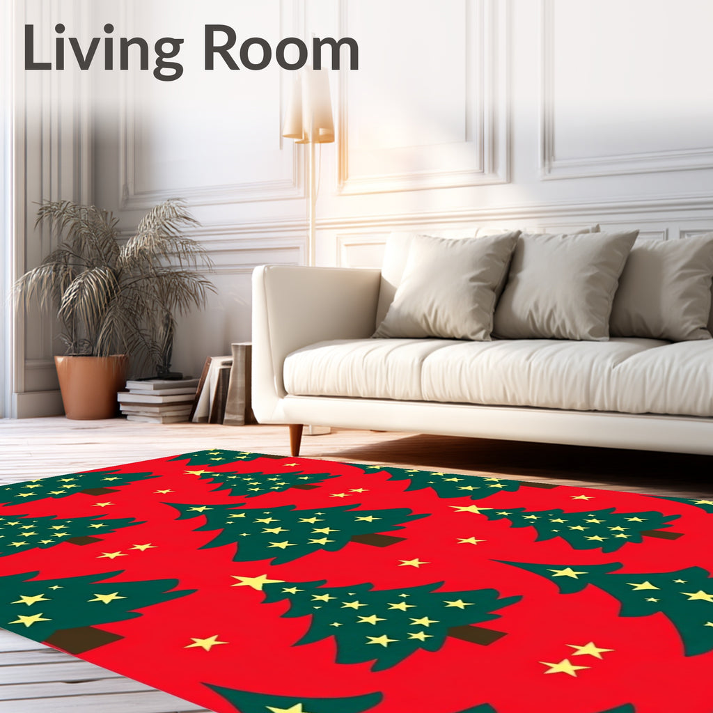 Festive Green Trees Yellow Stars Rug