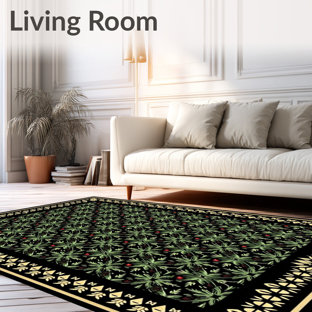 Black Green Floral Medallion Botanical Rug