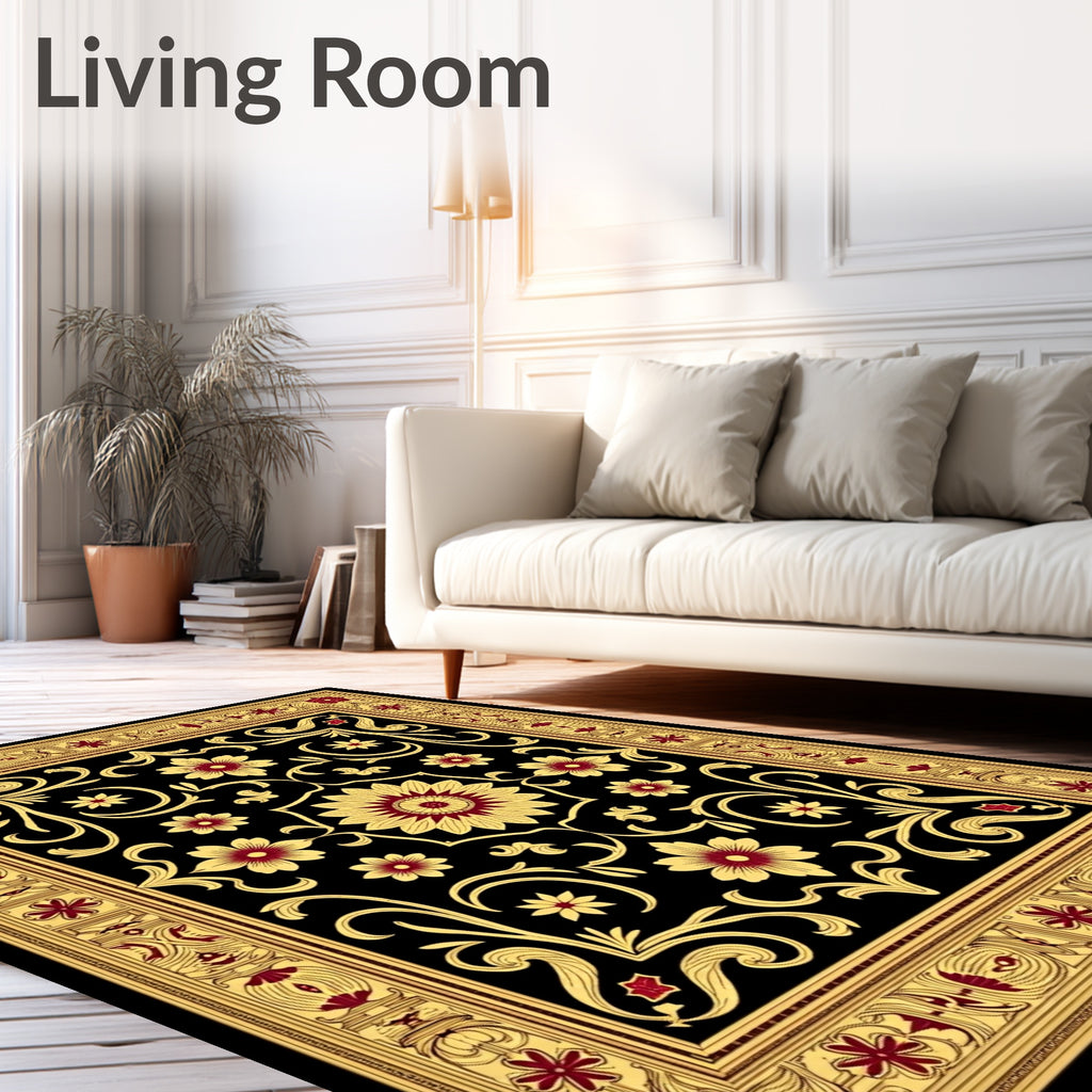 Ornate Crimson Gold Blooming Vine Rug