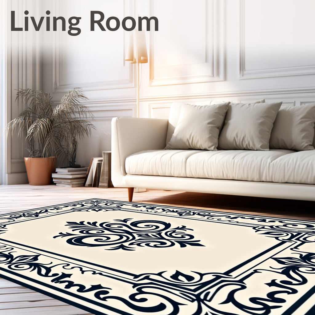 Dark Navy Ivory Ornate Scroll Rug