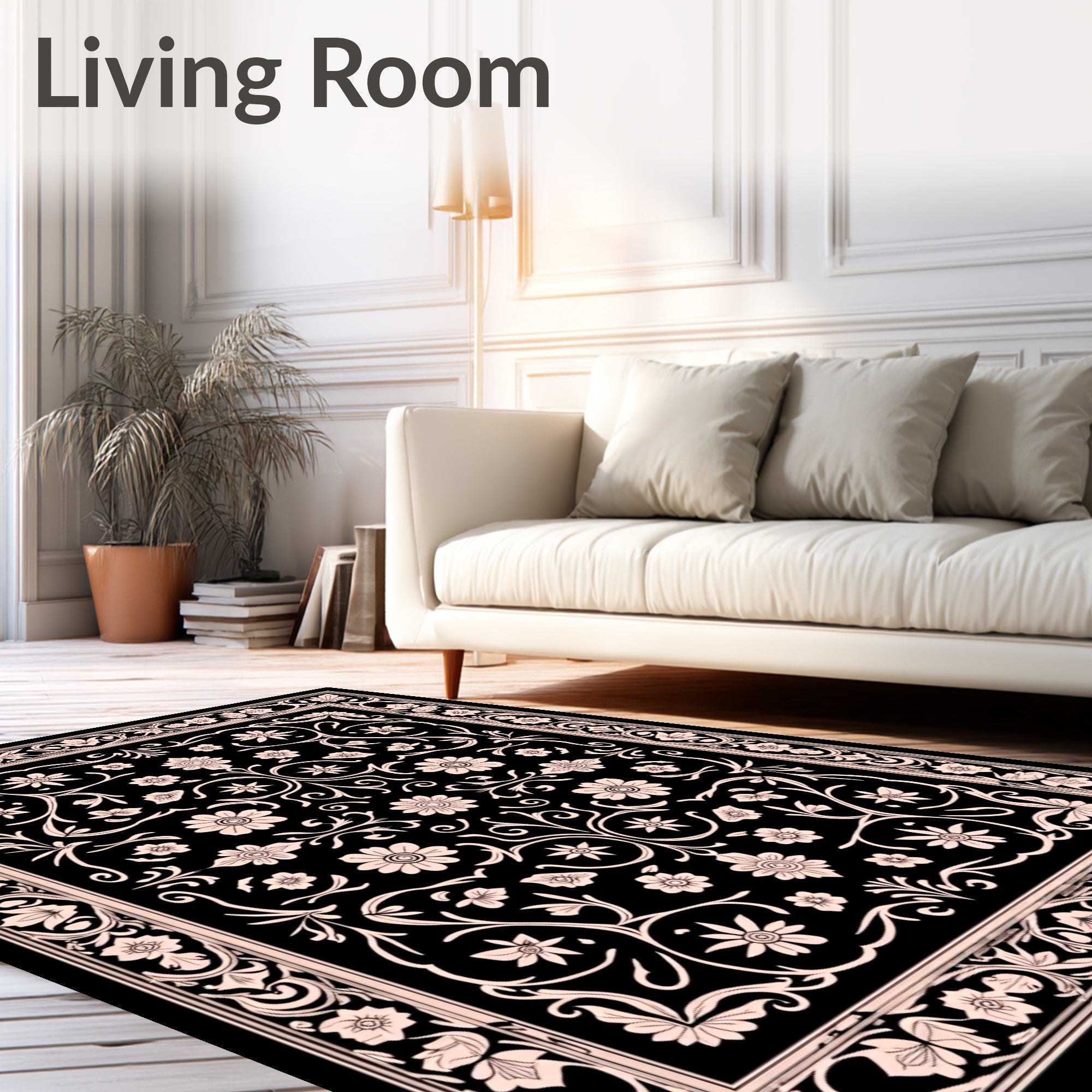 Black and Cream Floral Scrollwork Rug