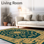Teal Gold Mandala Floral Border Rug