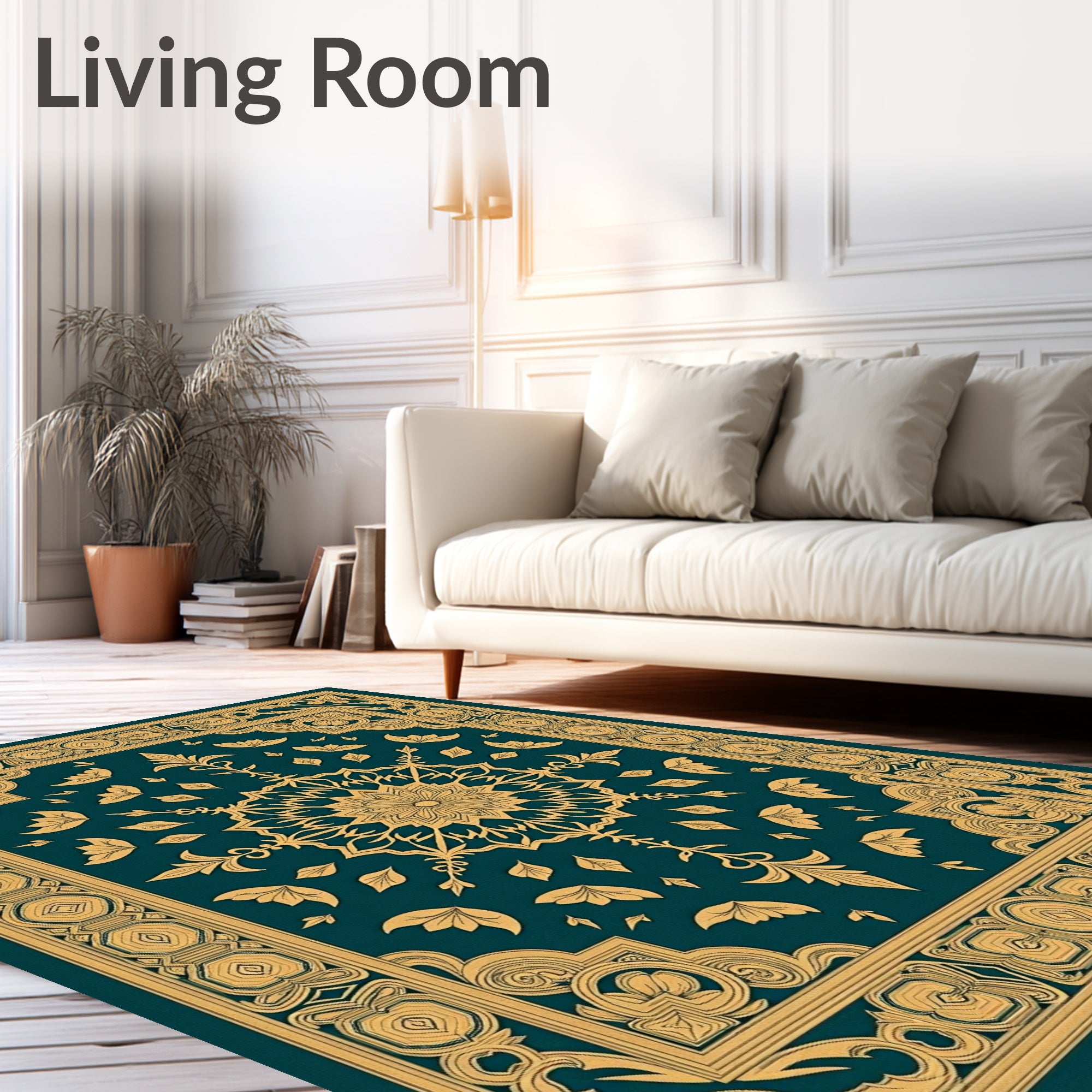 Teal Gold Mandala Floral Border Rug