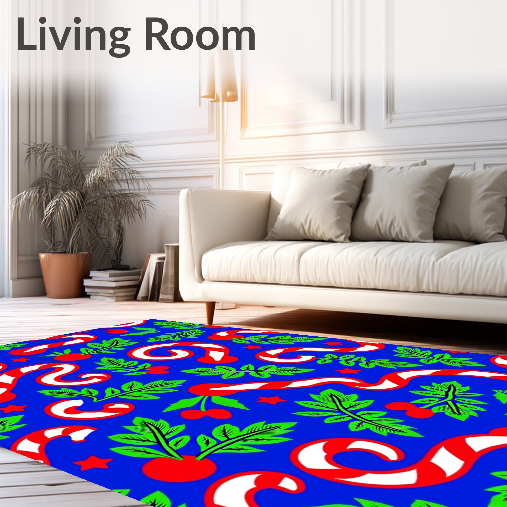 Christmas Candy Cane Holly Berry Stars Rug