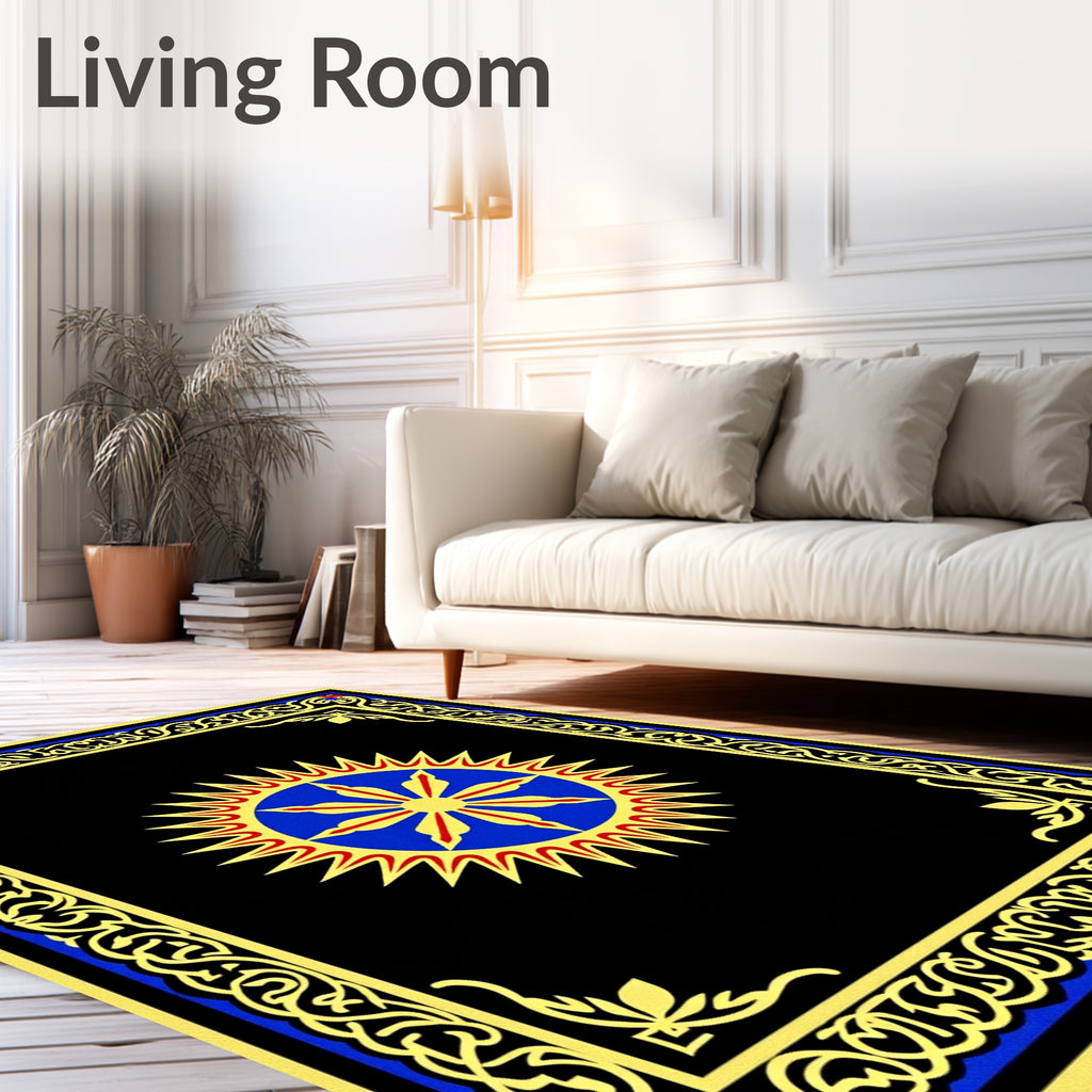 Golden Blue Sunburst Ornamental Frame Rug