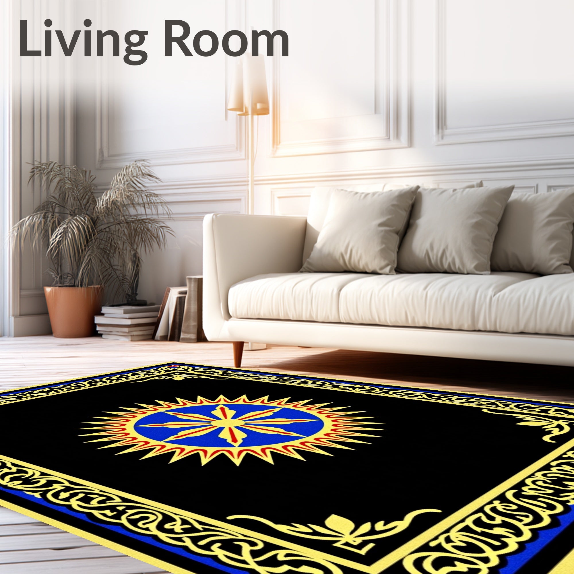 Golden Blue Sunburst Ornamental Frame Rug