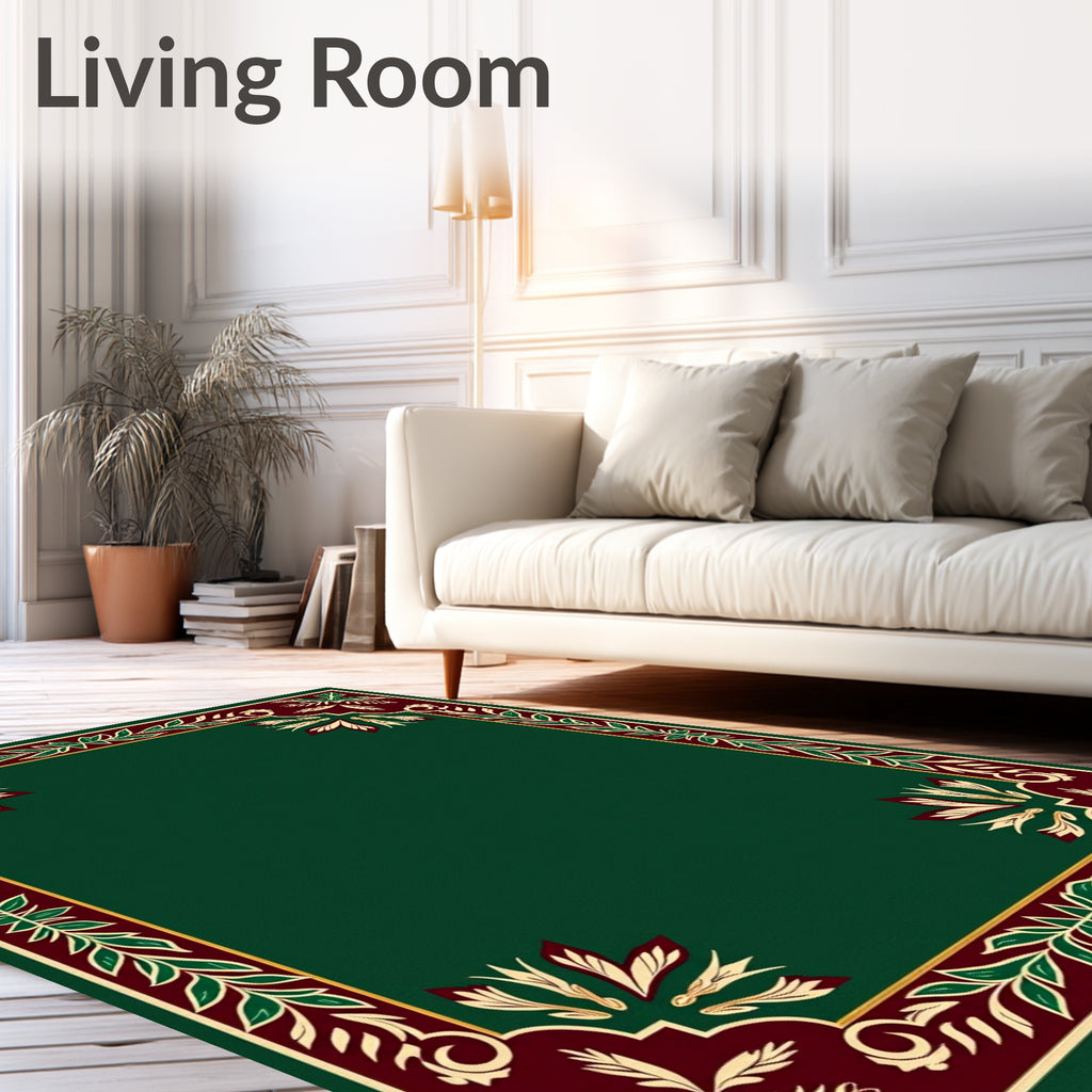 Emerald Green Botanical Floral Border Rug