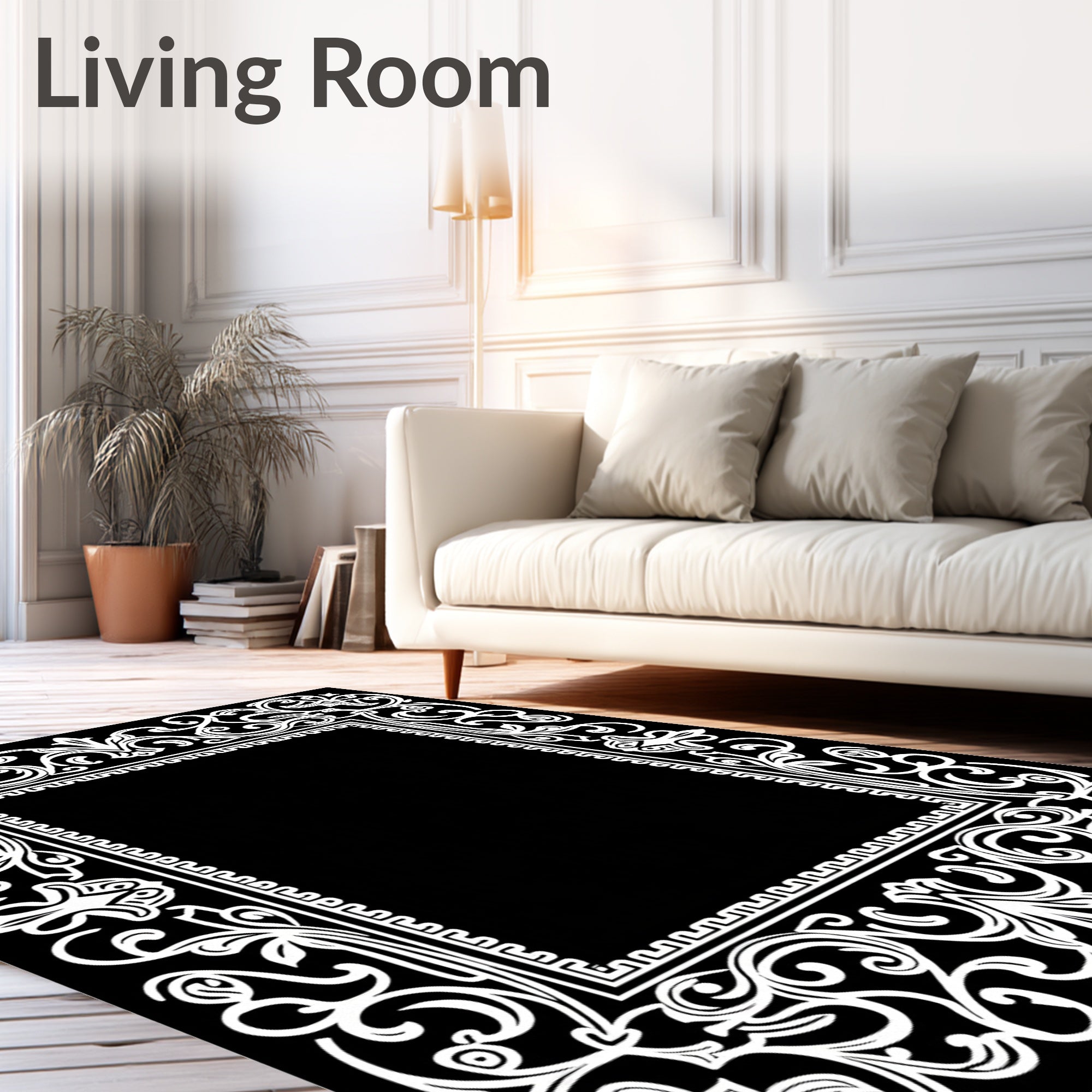White Floral Scrollwork Border Rug