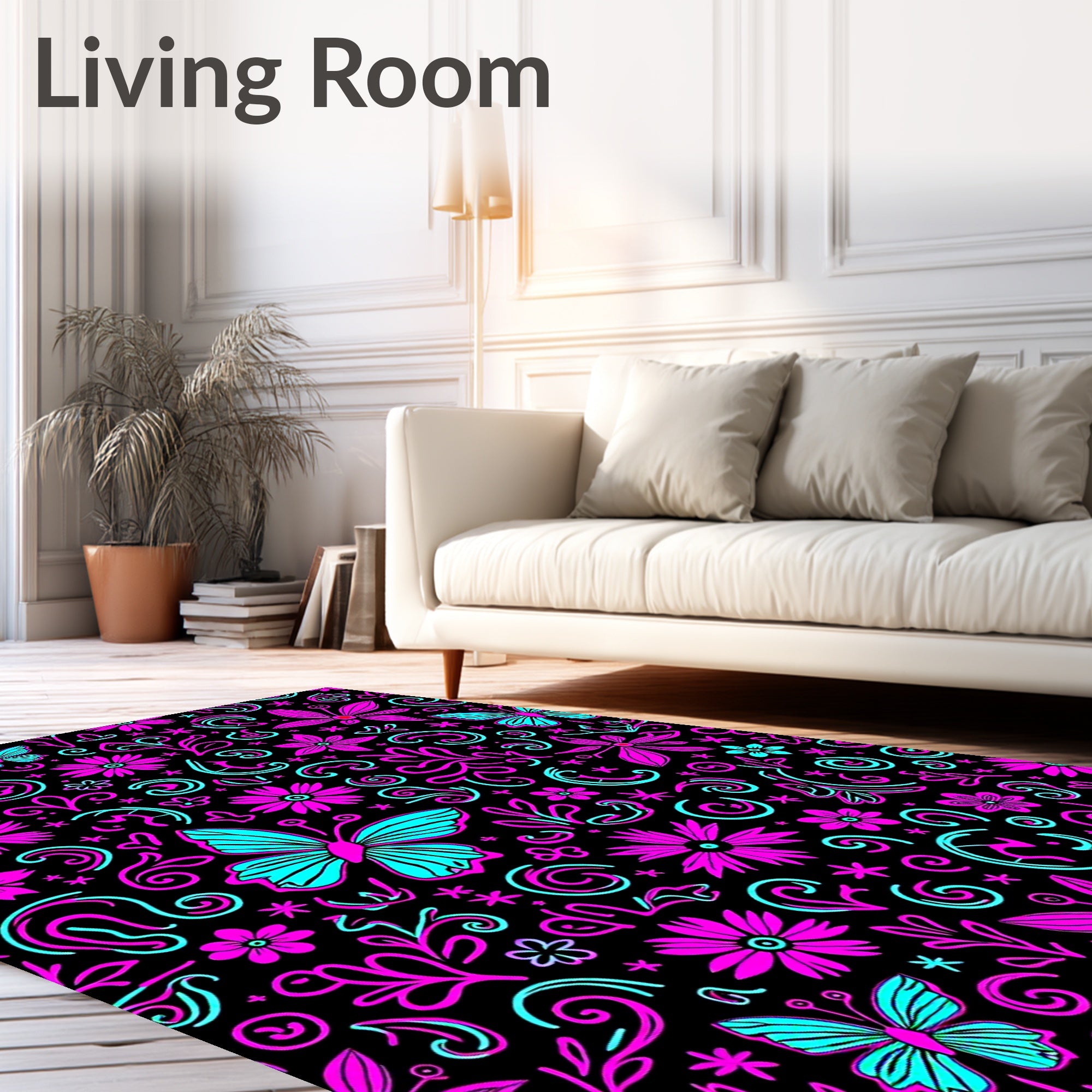 Vibrant Pink Turquoise Butterfly Floral Swirl Rug