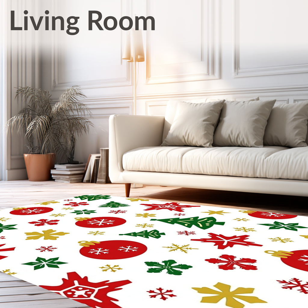 Red Green Gold Christmas Ornament Snowflakes Rug