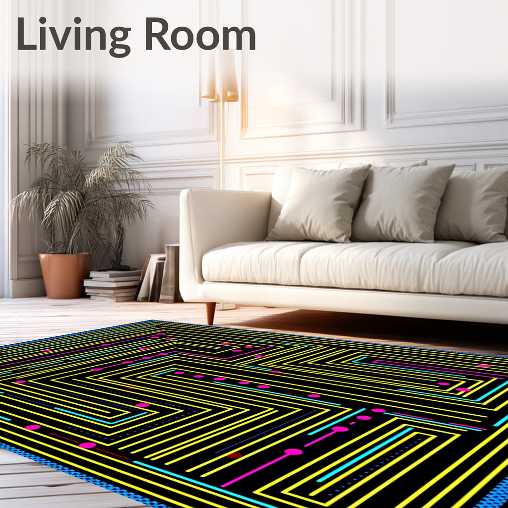 Retro Arcade Maze Yellow Blue Pink Rug