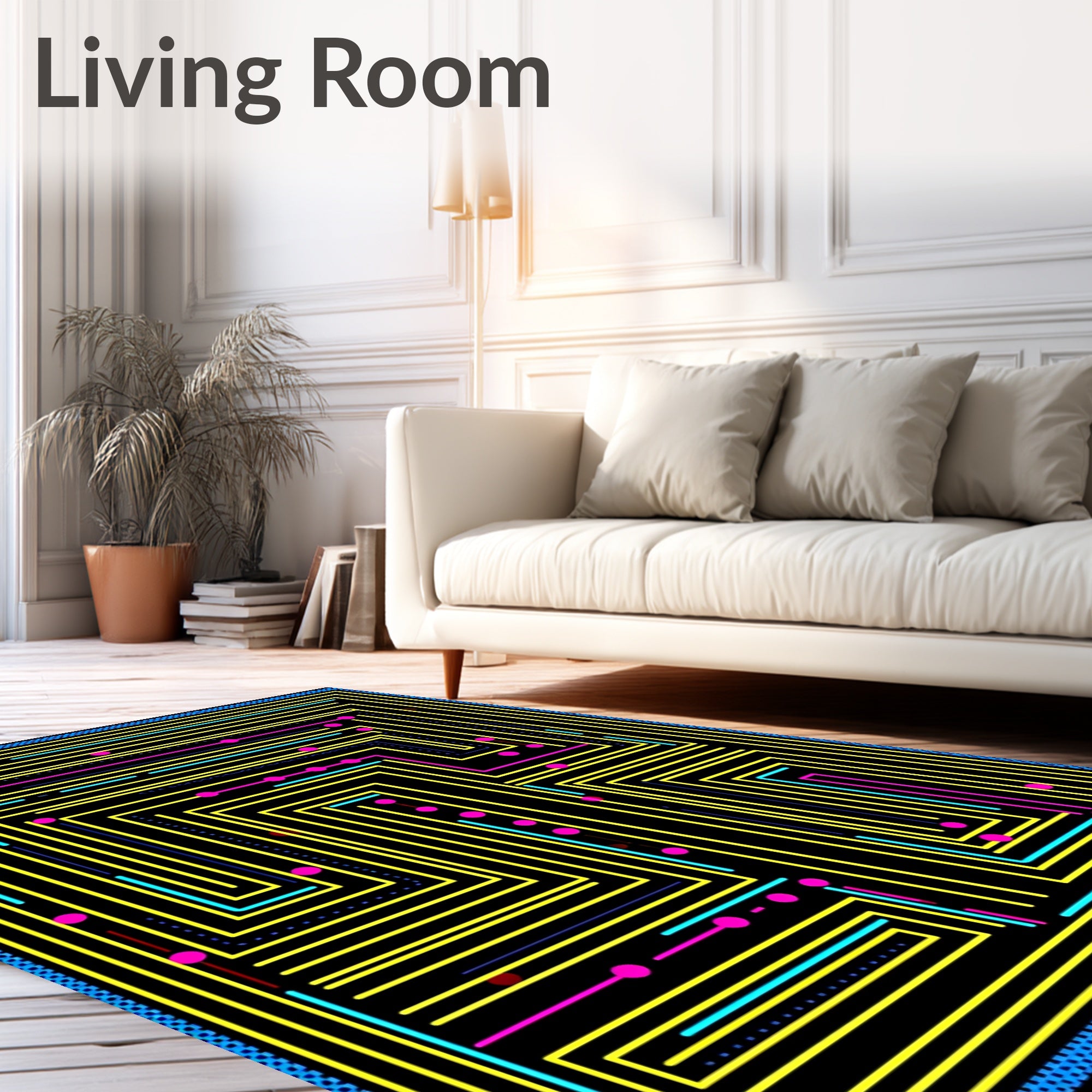Retro Arcade Maze Yellow Blue Pink Rug