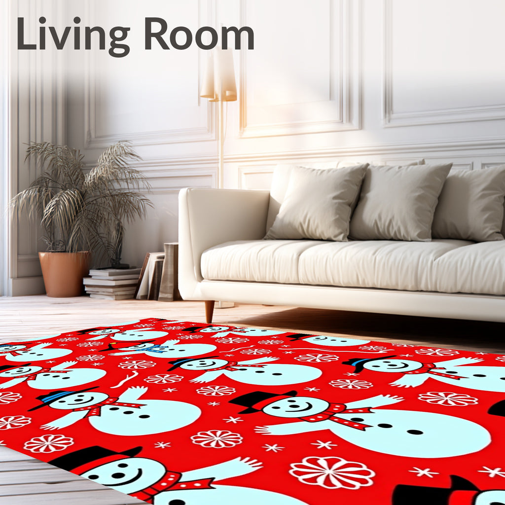 Red Festive Snowman Snowflake Toss Rug