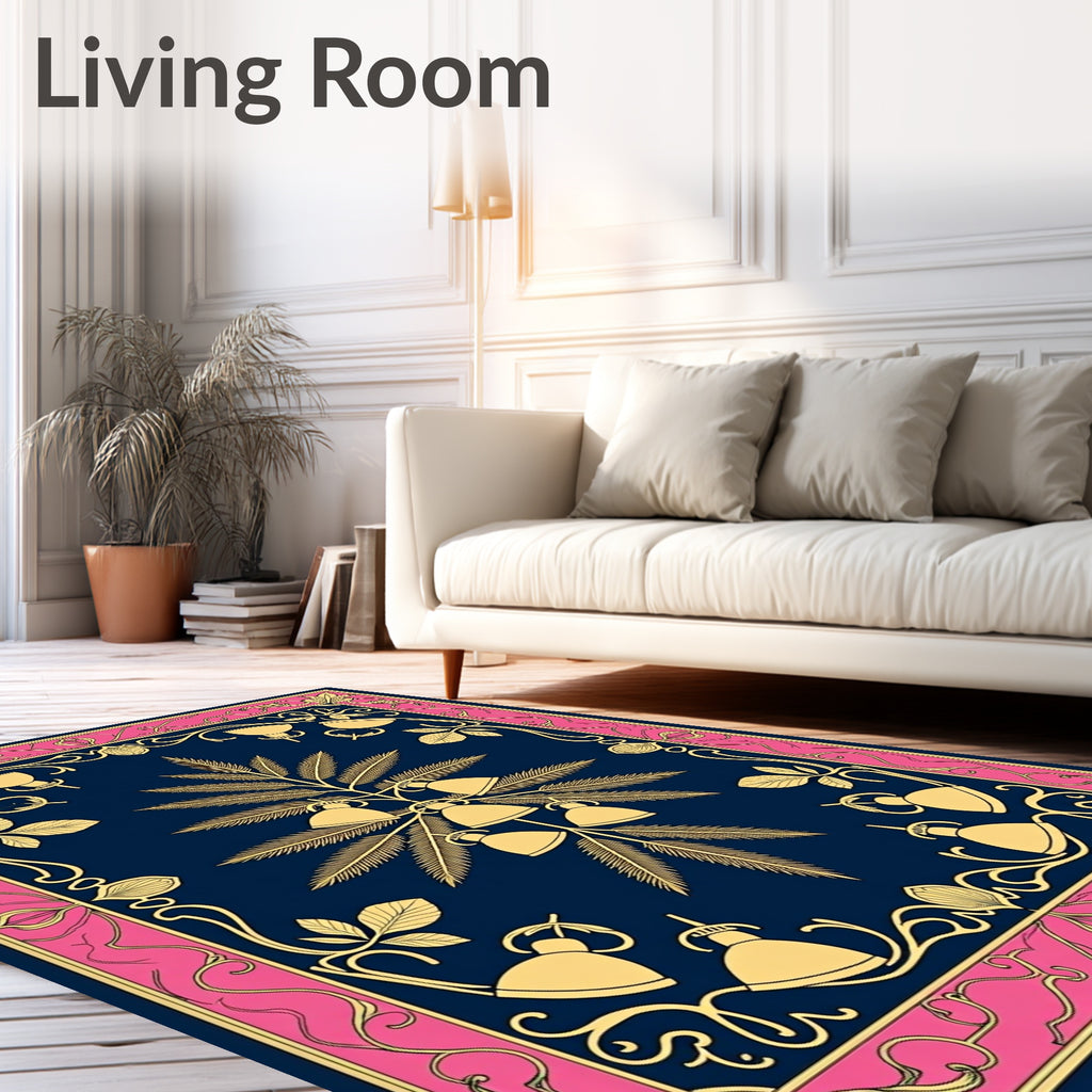 Gold Bell Floral Navy Frame Rug
