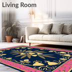 Gold Bell Floral Navy Frame Rug