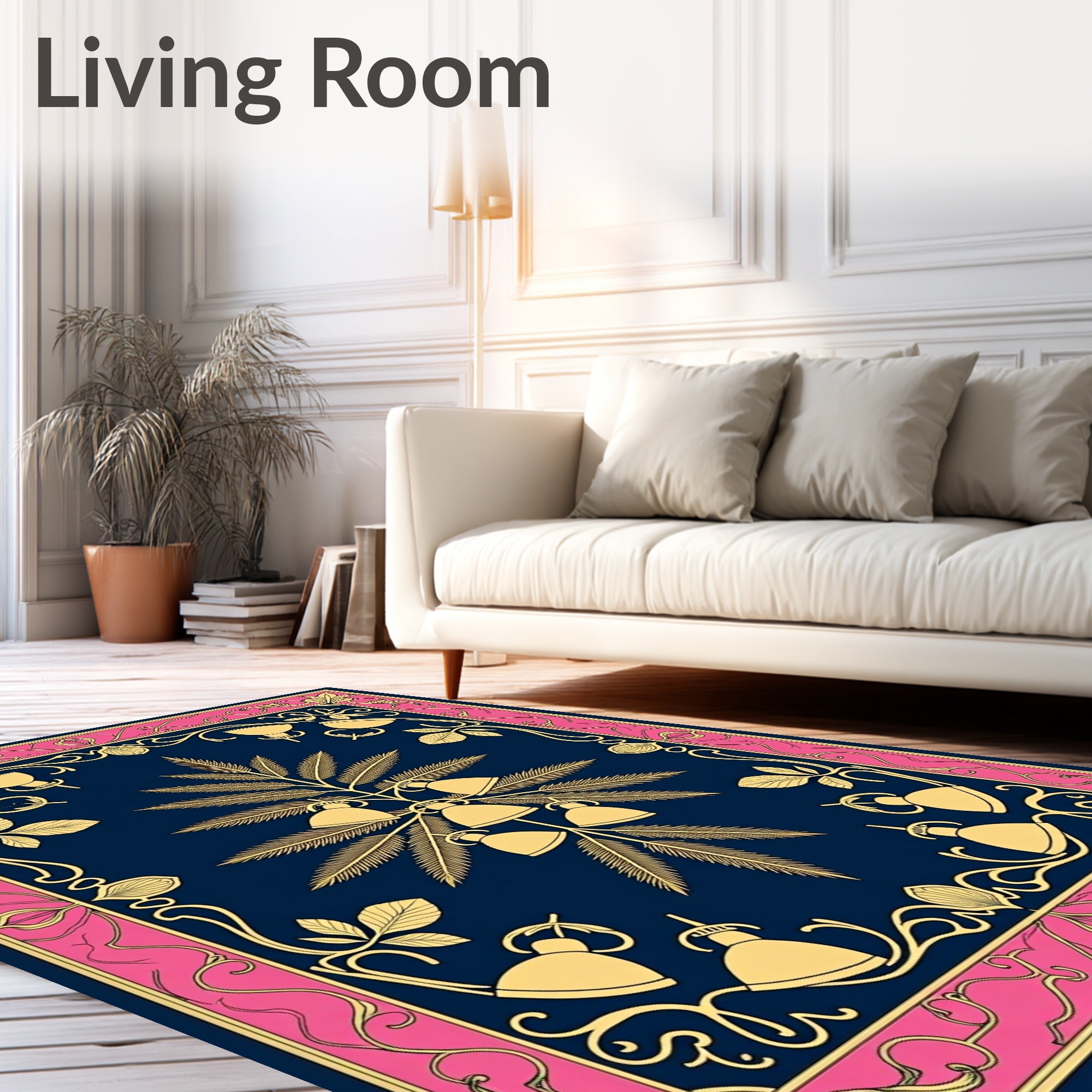 Gold Bell Floral Navy Frame Rug