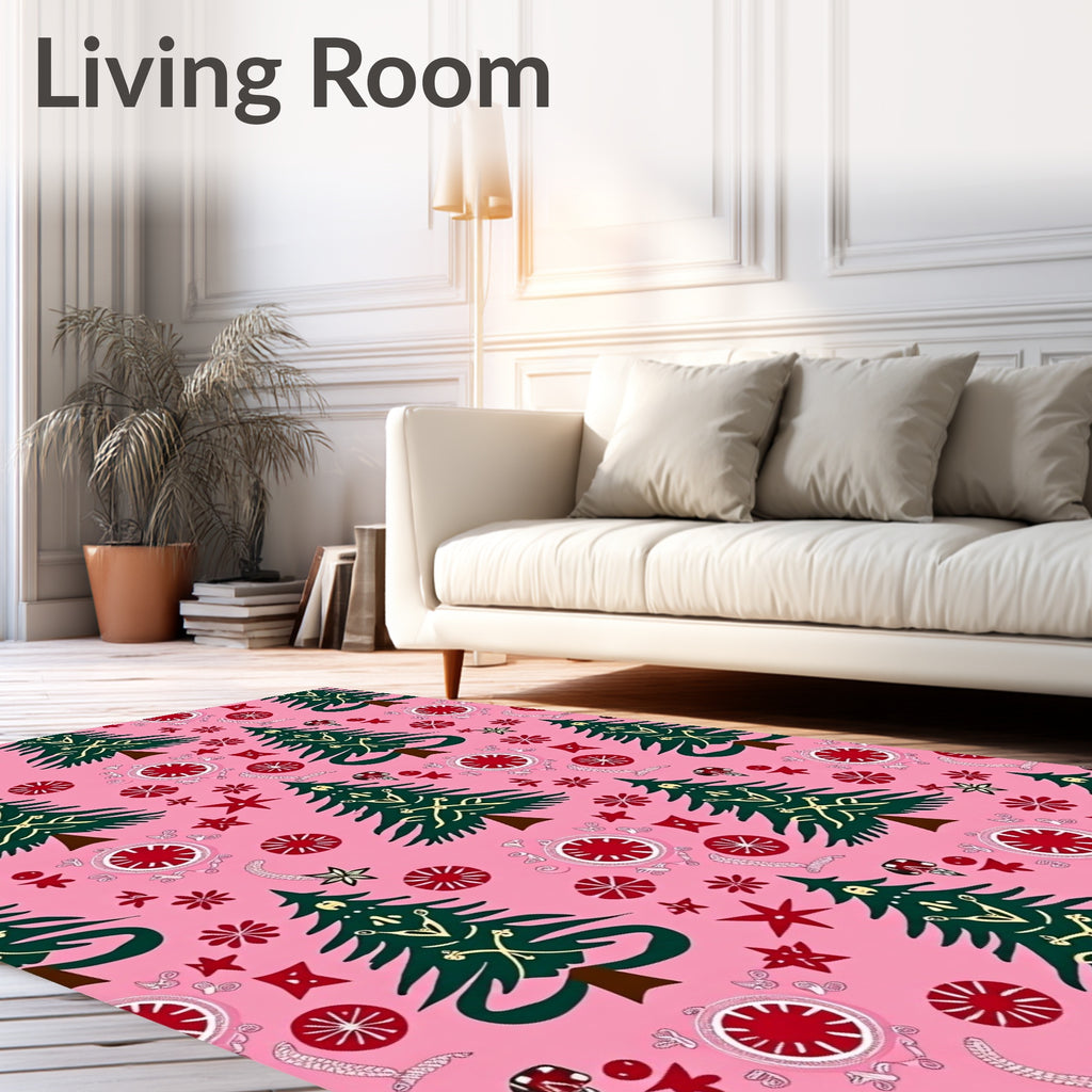 Pink Evergreen Trees and Ornaments Rug