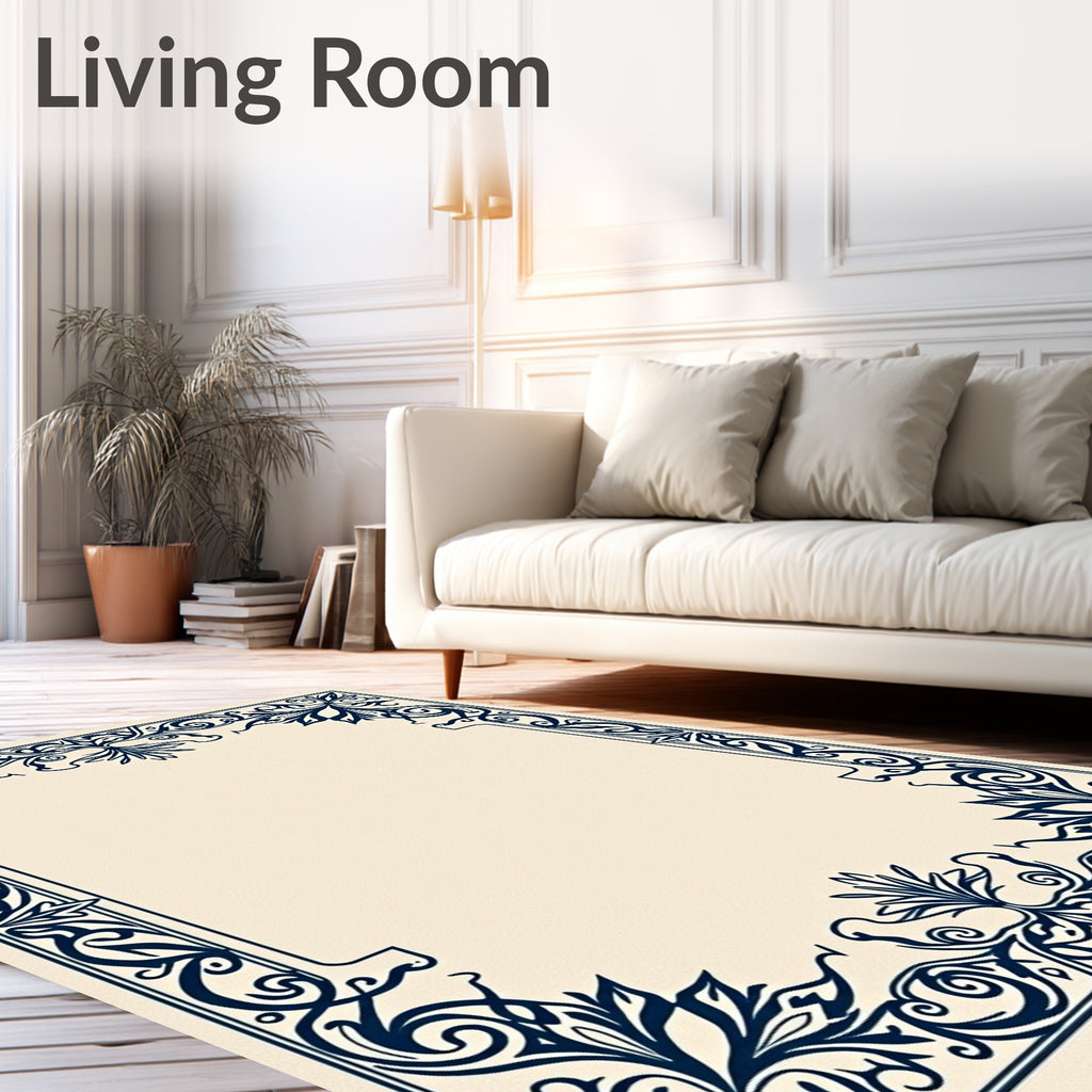 Navy Blue Floral Scrollwork Frame Rug
