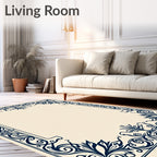 Navy Blue Floral Scrollwork Frame Rug