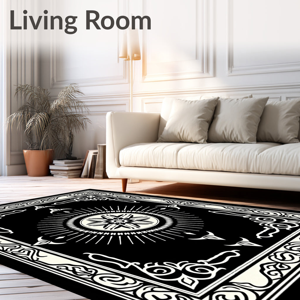 Black White Sunburst Medallion Border Rug