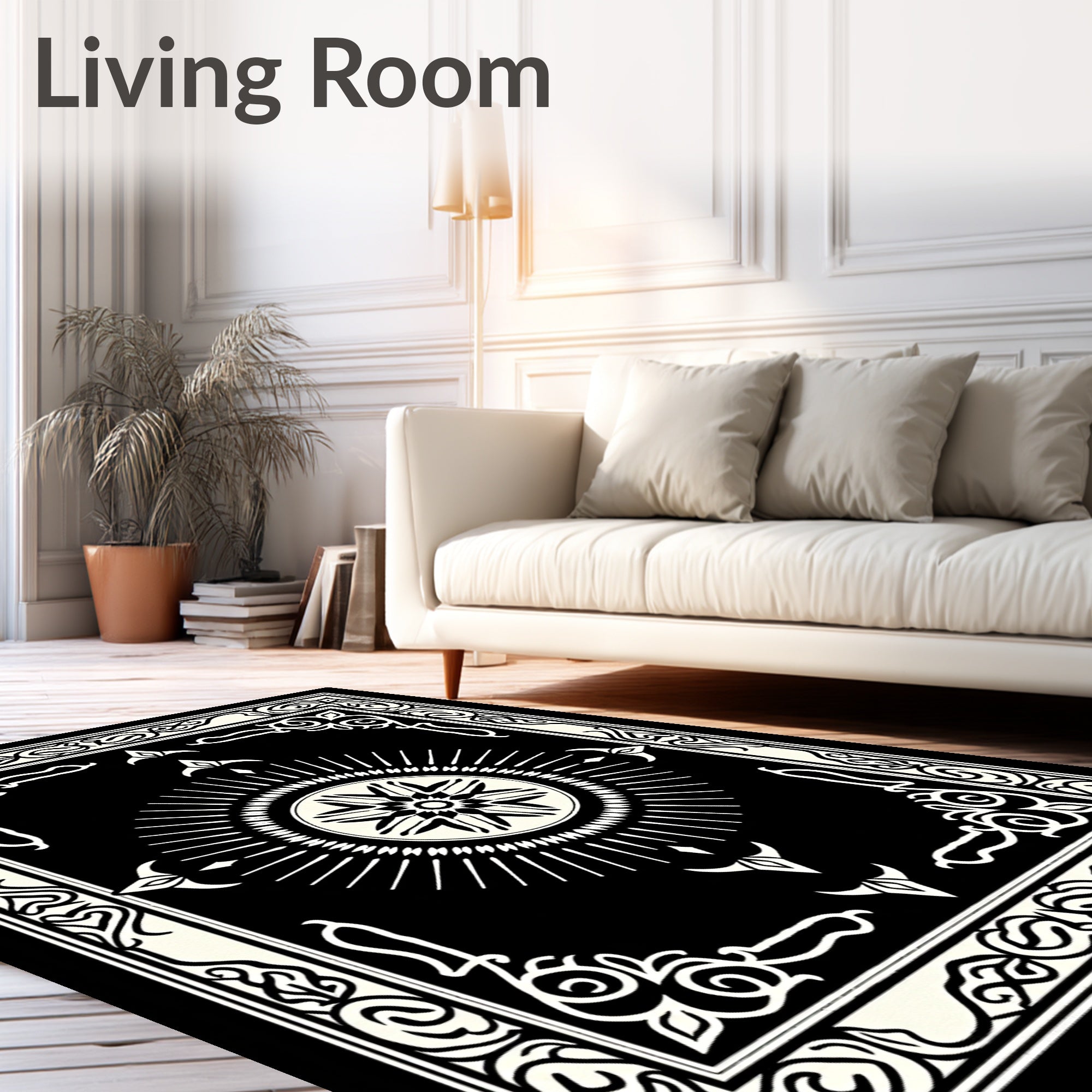 Black White Sunburst Medallion Border Rug