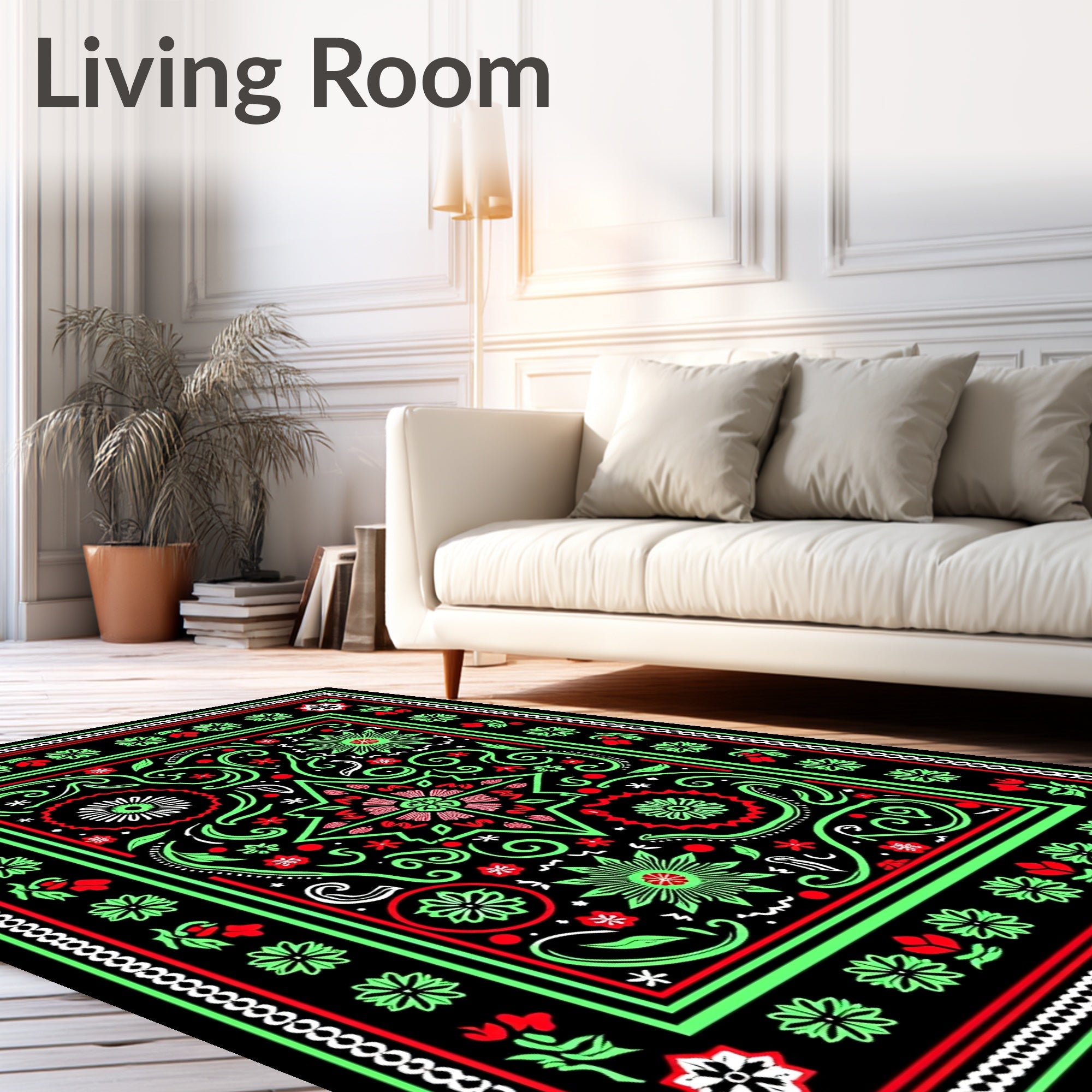 Vibrant Red Green Floral Starburst Rug