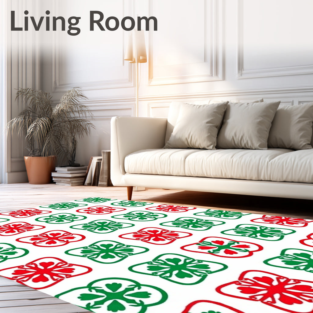 Classic Red Green Floral Squares Rug