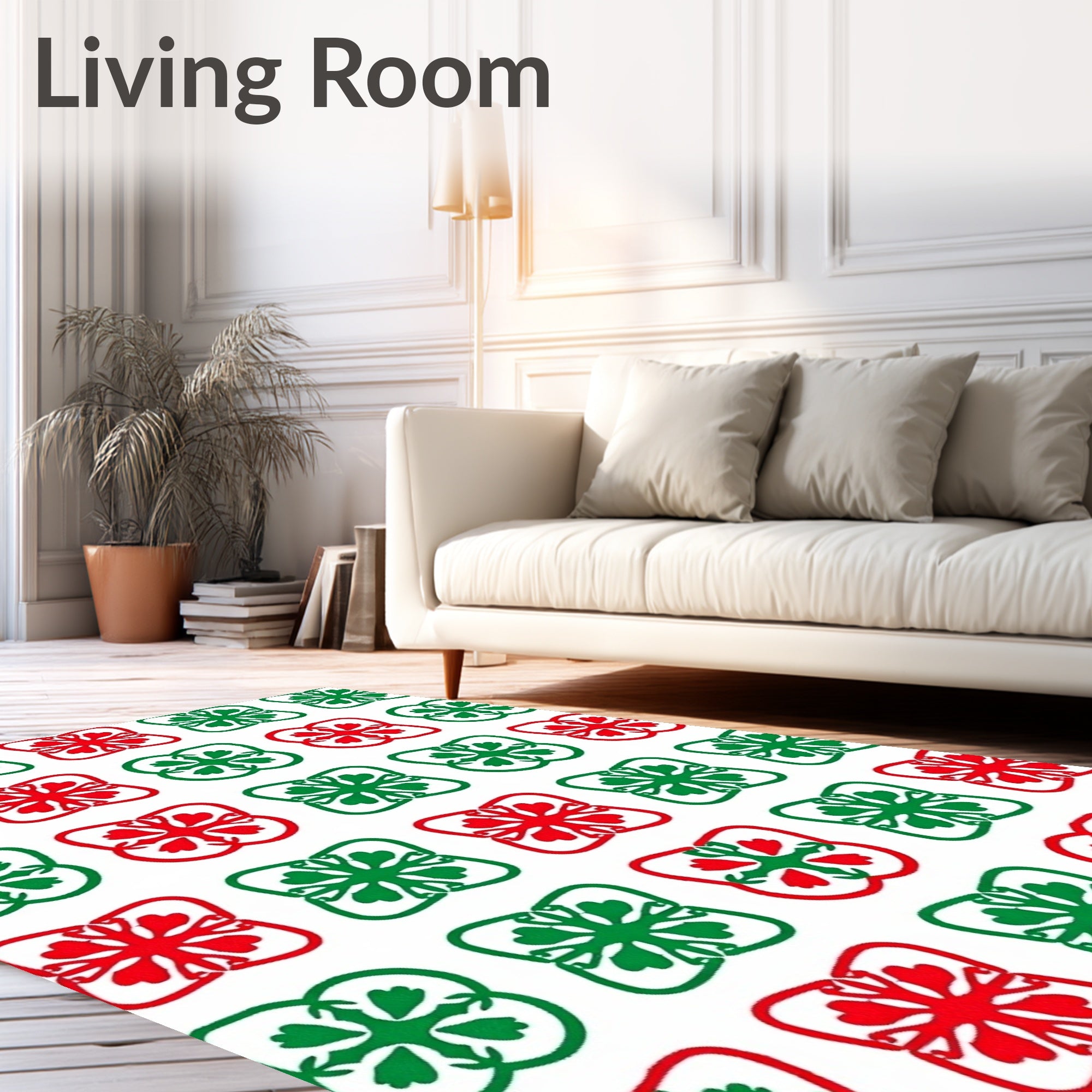Classic Red Green Floral Squares Rug