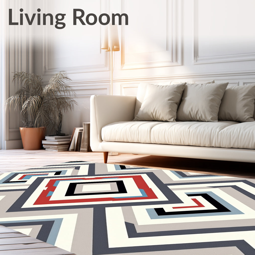 Geometric Diamond Red Blue Stripe Rug