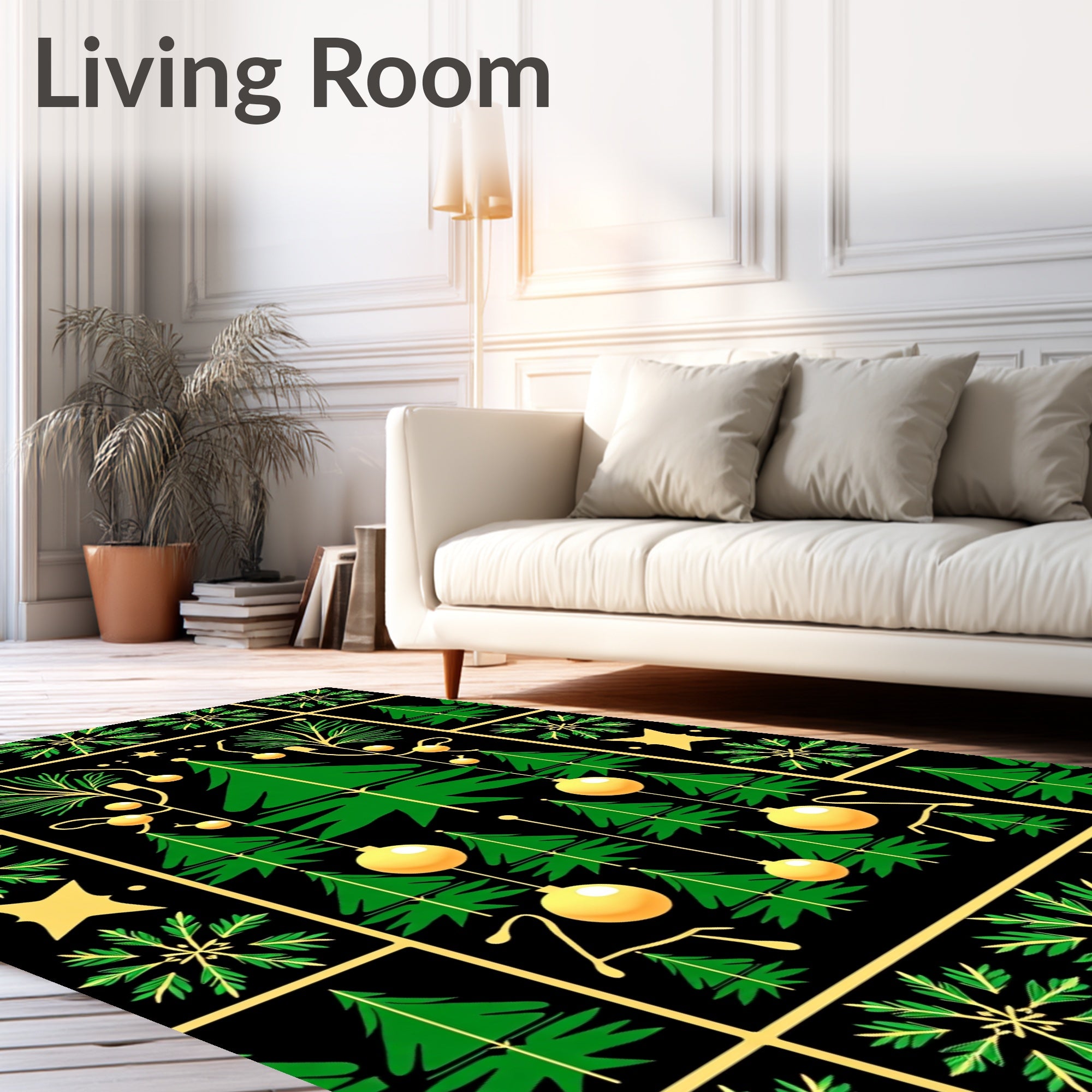 Green Gold Christmas Tree Ornament Squares Rug