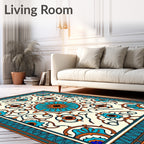 Ornate Teal Orange Sun Medallion Rug