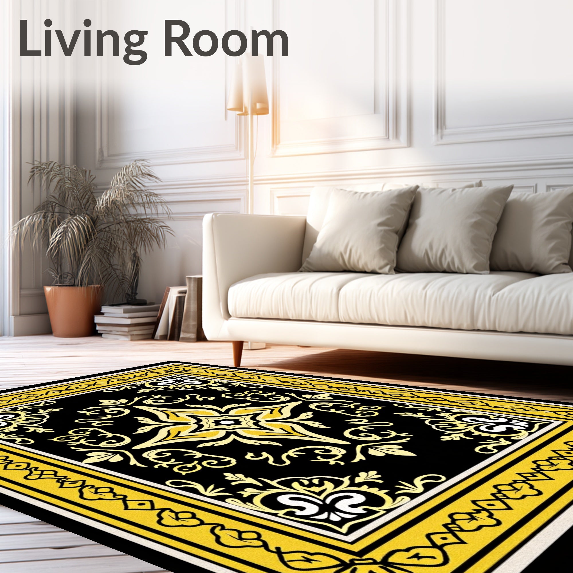 Ornate Black and Yellow Floral Medallion Rug