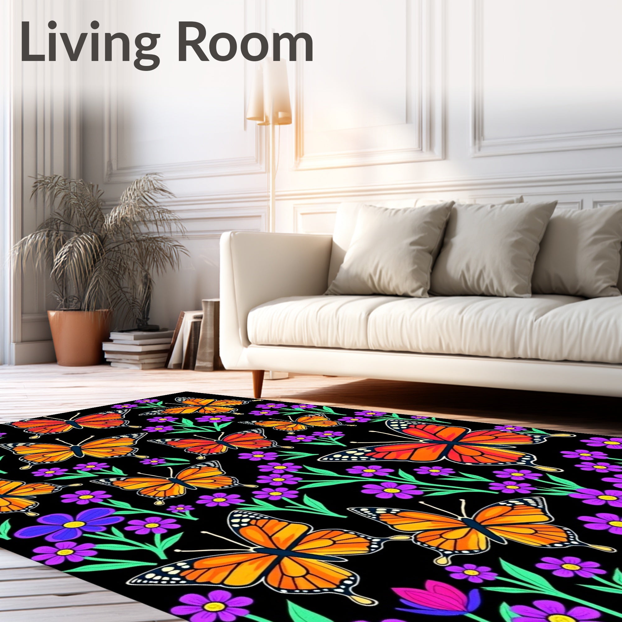 Whimsical Orange Monarch Butterfly Garden Rug