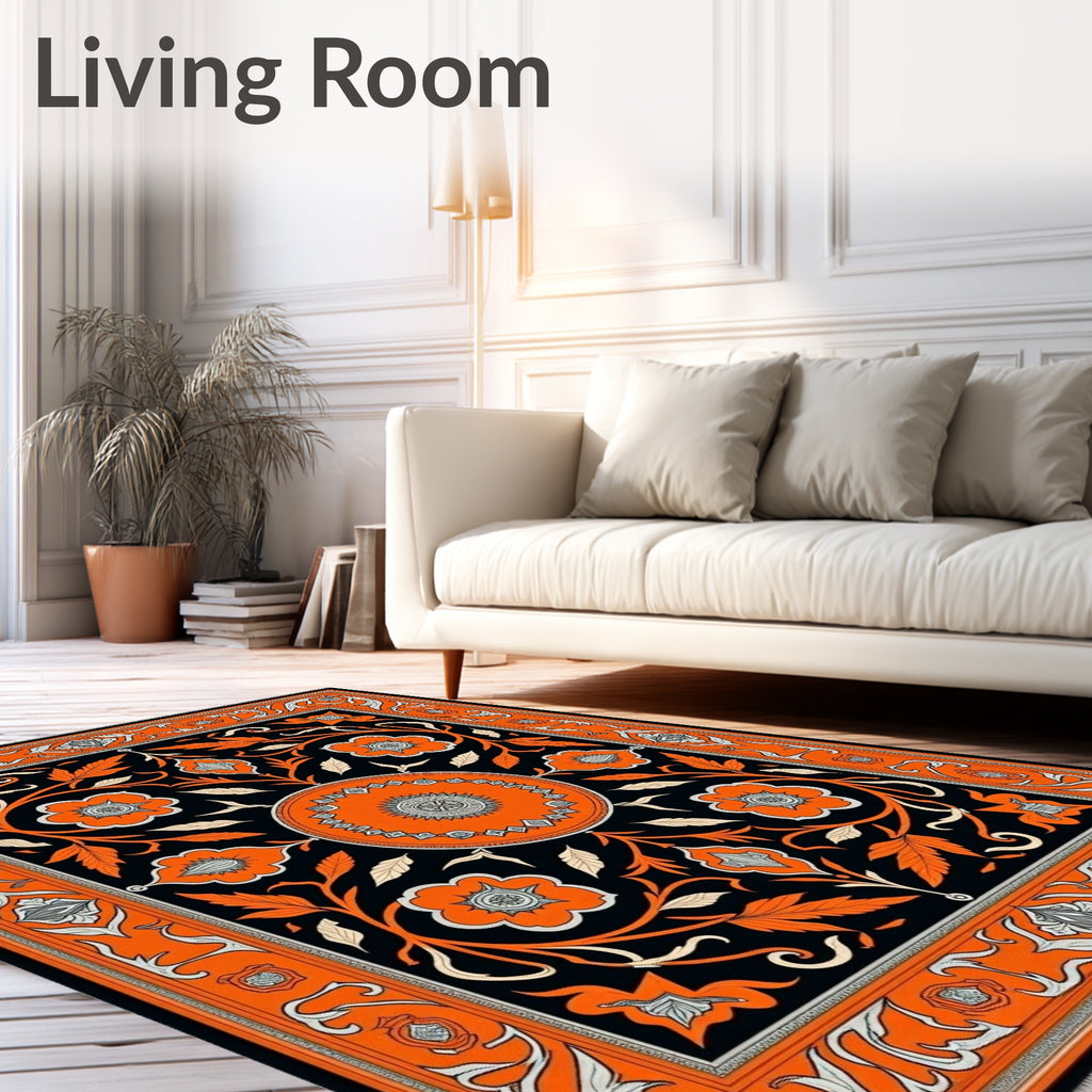 Vibrant Orange Black Floral Medallion Rug