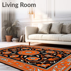 Vibrant Orange Black Floral Medallion Rug