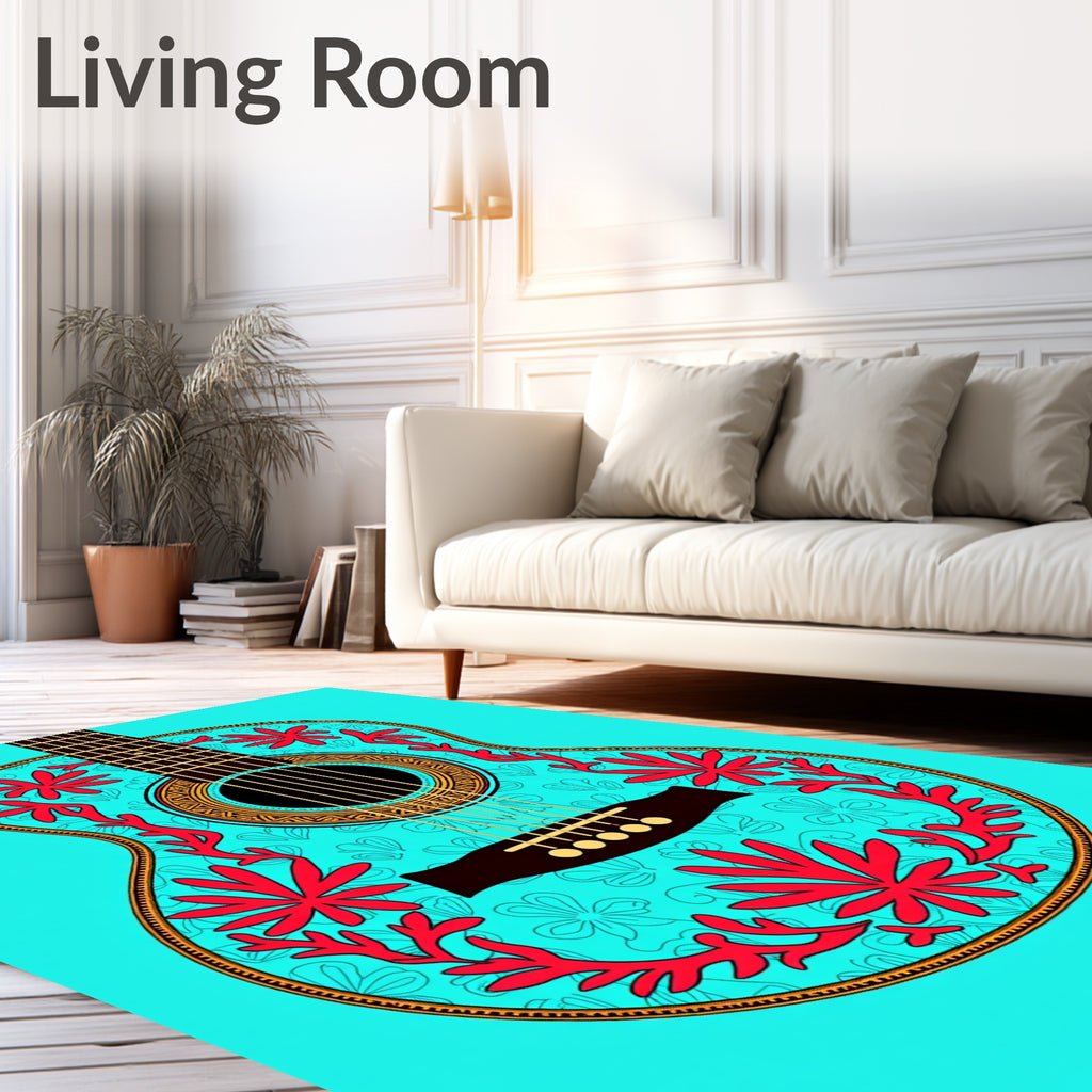 Vibrant Red Coral Blue Floral Abstract Rug