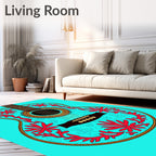 Vibrant Red Coral Blue Floral Abstract Rug