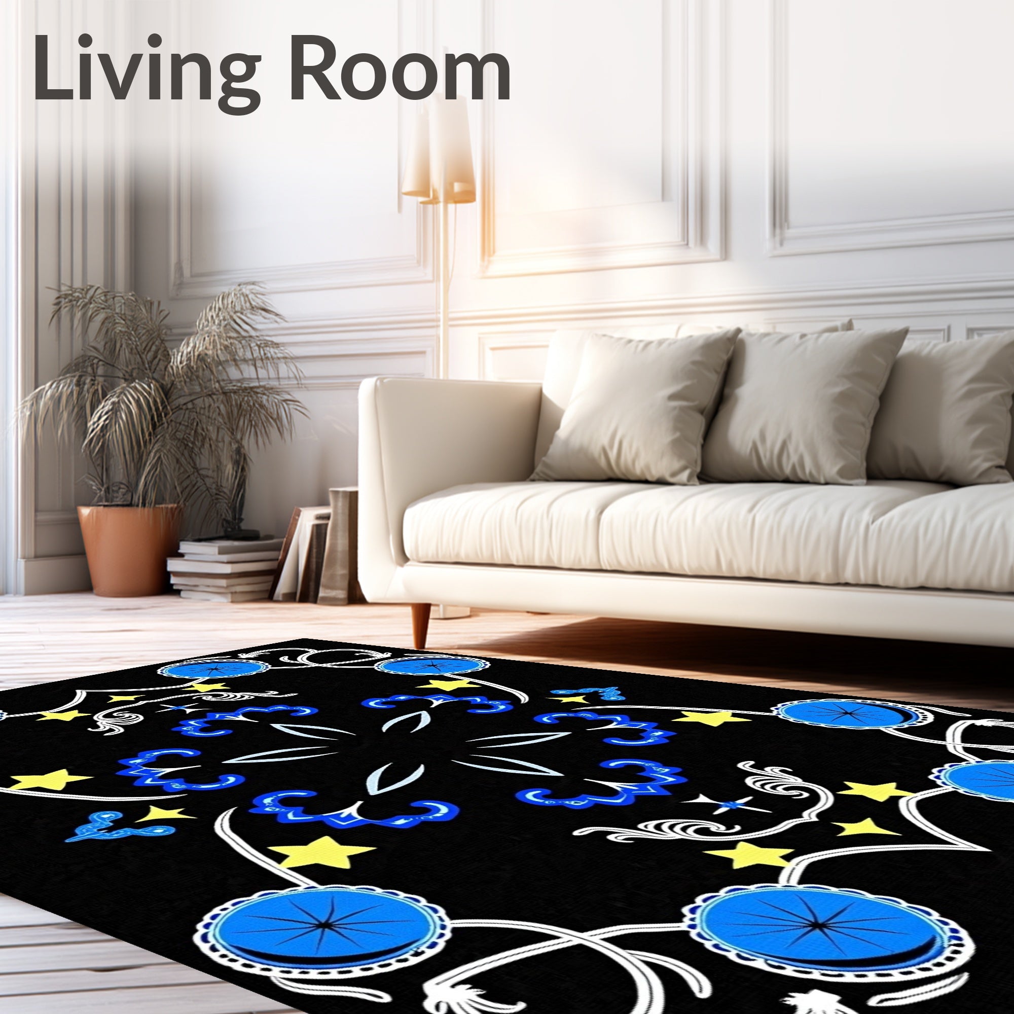 Golden Yellow Star Blue Medallion Rug