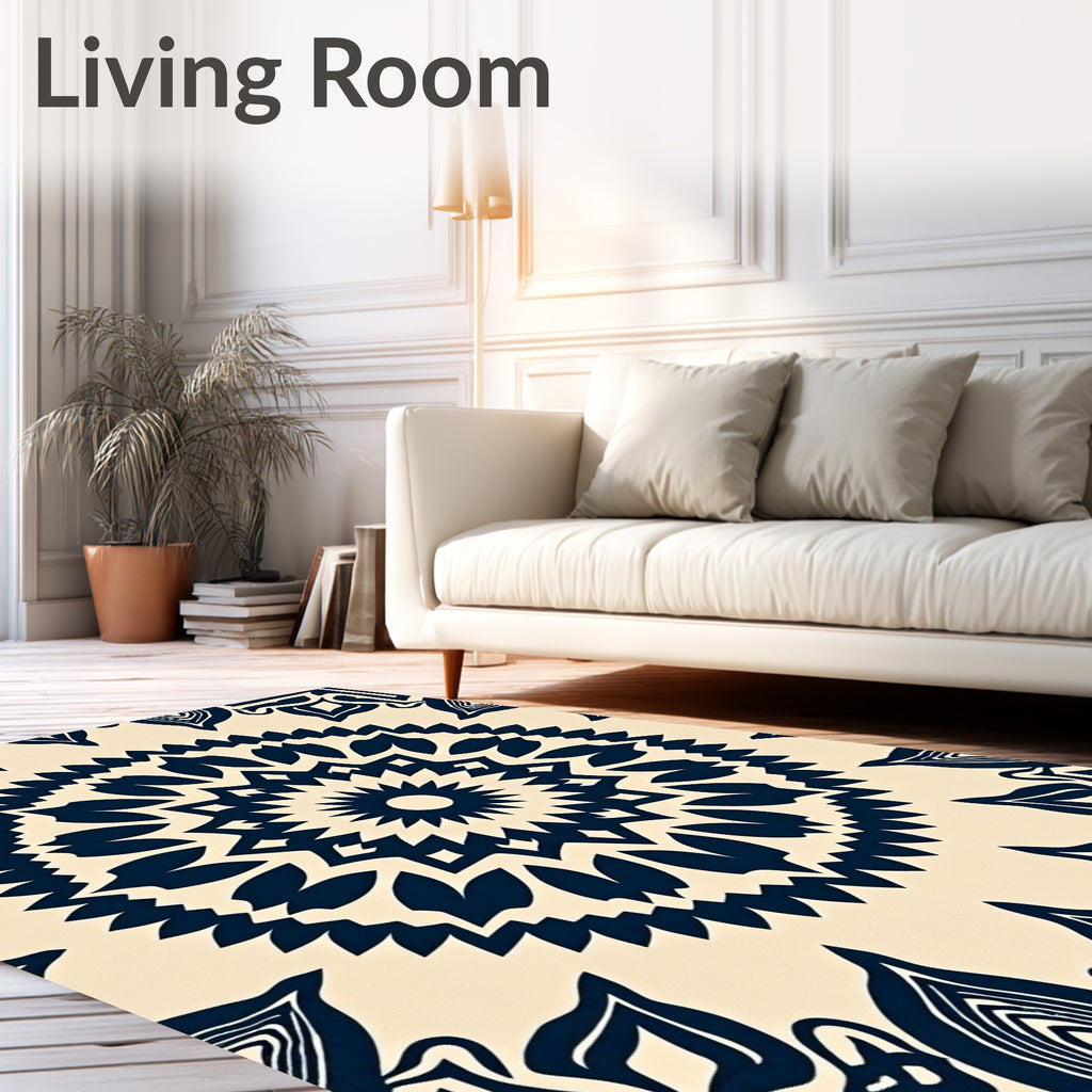 Navy Blue Floral Medallion Art Rug