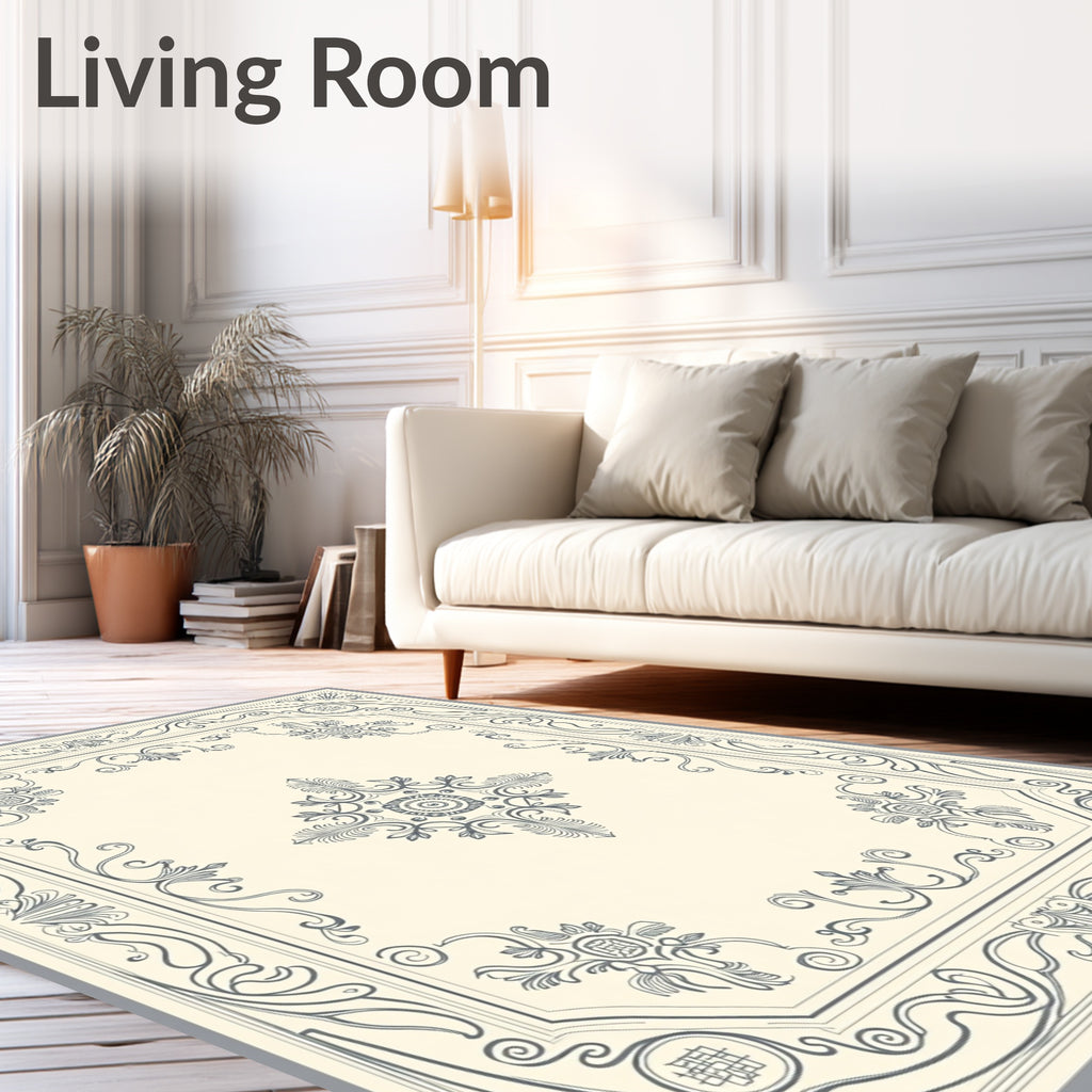 Ornate Cream Gray Floral Border Rug