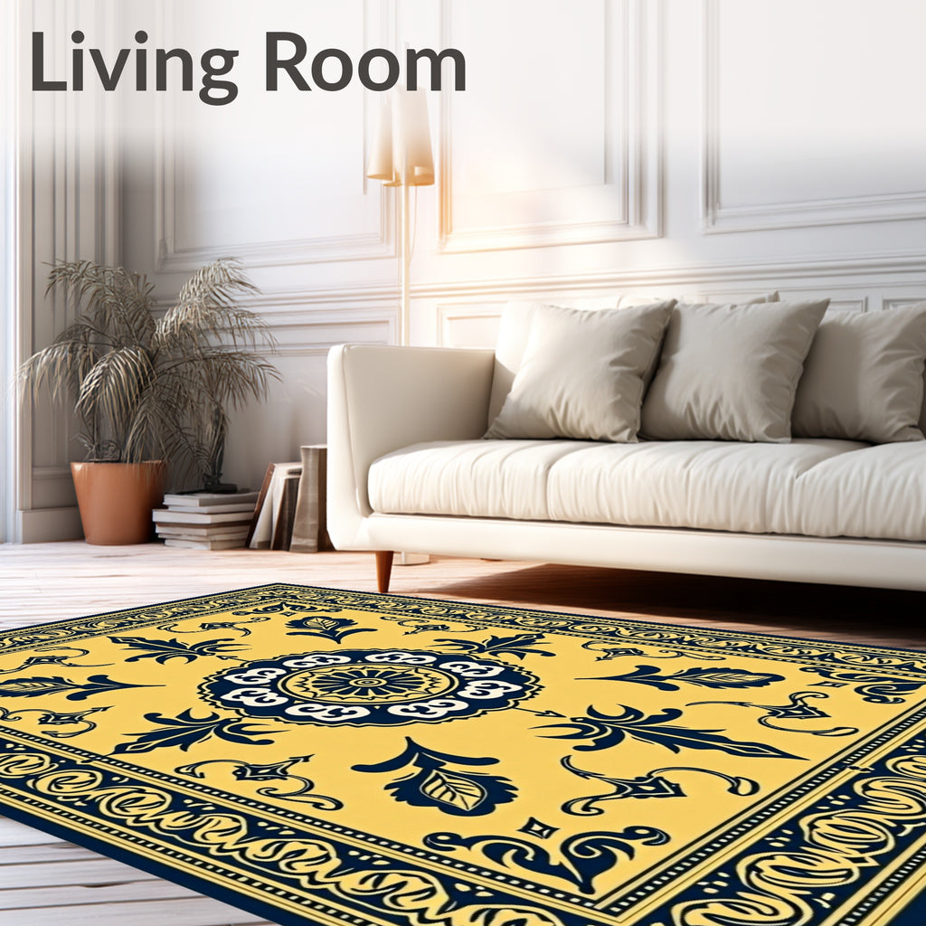 Luminous Yellow Blue Ornamental Medallion Rug