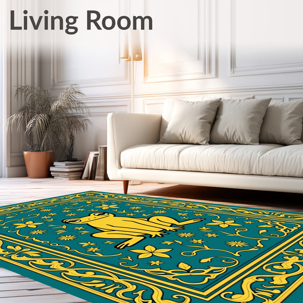 Yellow Frog Teal Floral Border Rug