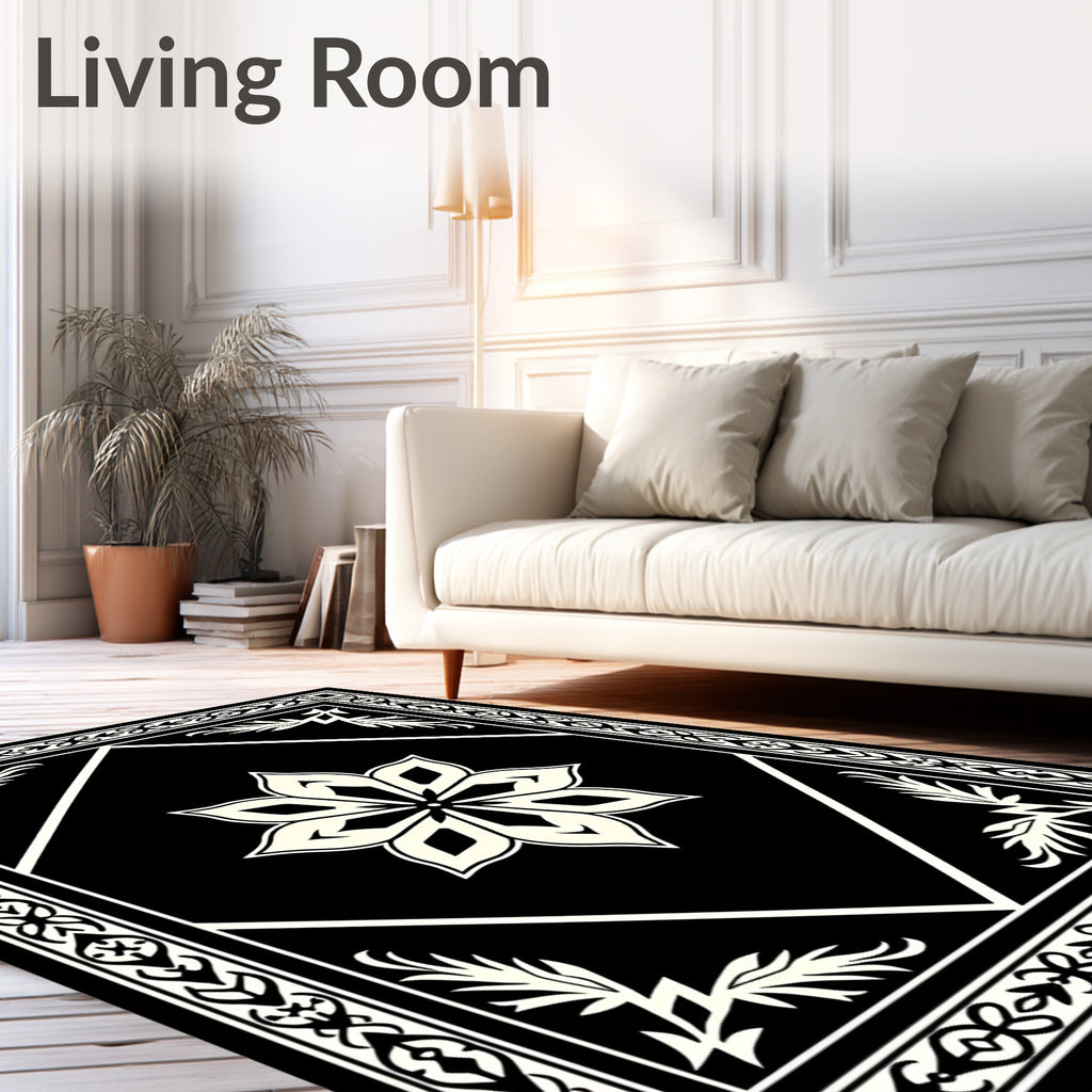 Bold Black Cream Floral Medallion Border Rug