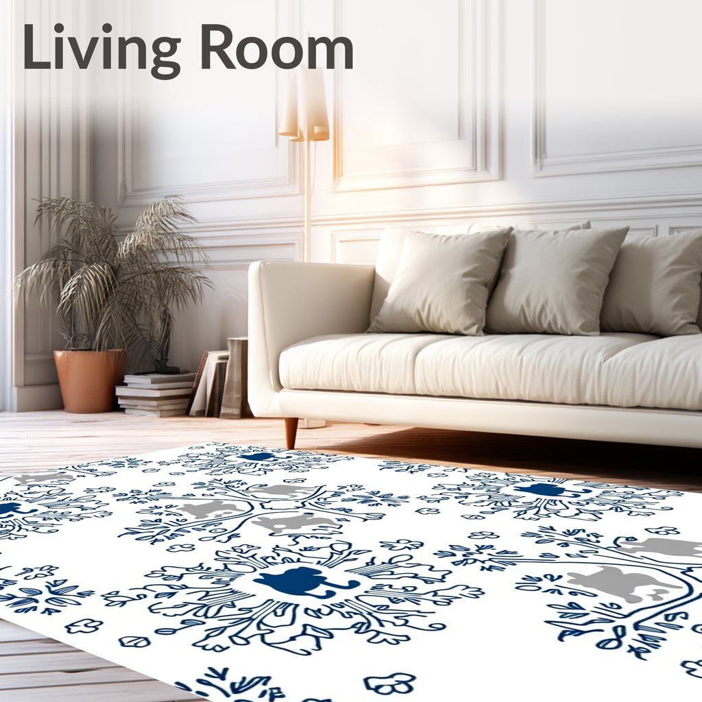 Dark Blue Whimsical Animal Tree Medallion Rug