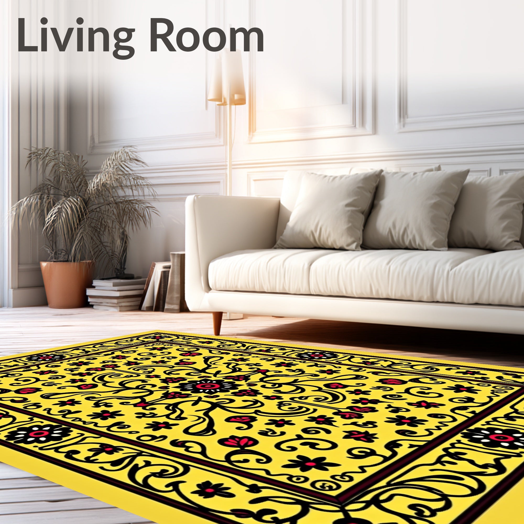 Bright Yellow Red Flower Scroll Rug