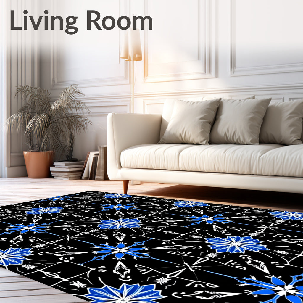 Vibrant Blue Starburst Medallion Black Rug